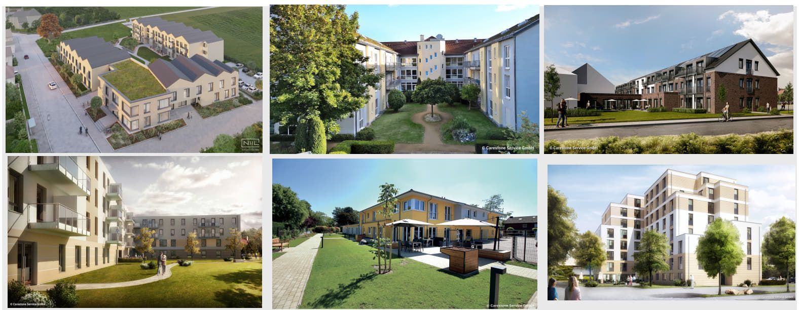 Collage verschiedener Pflegeimmobilien und Neubauprojekte als Beispiele für Kapitalanlagen