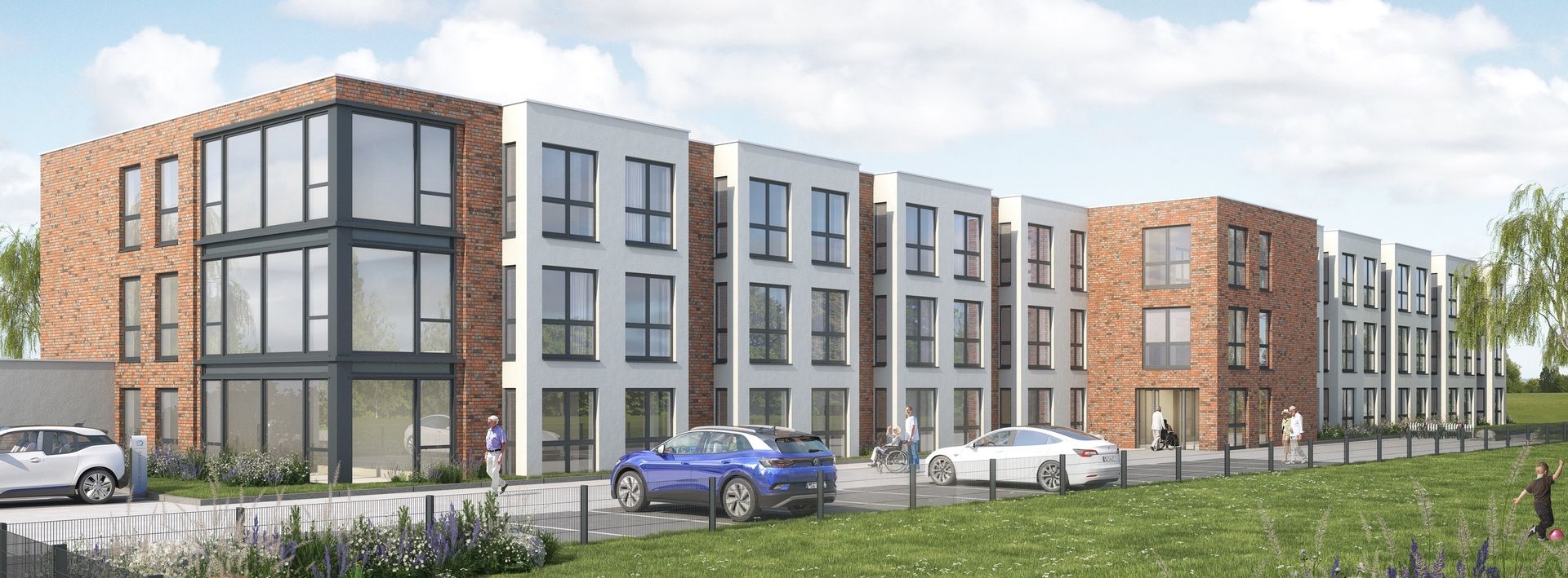 Visualisierung eines modernen Seniorenzentrums im Münsterland mit Klinkerfassade, großen Fenstern und Außenbereich