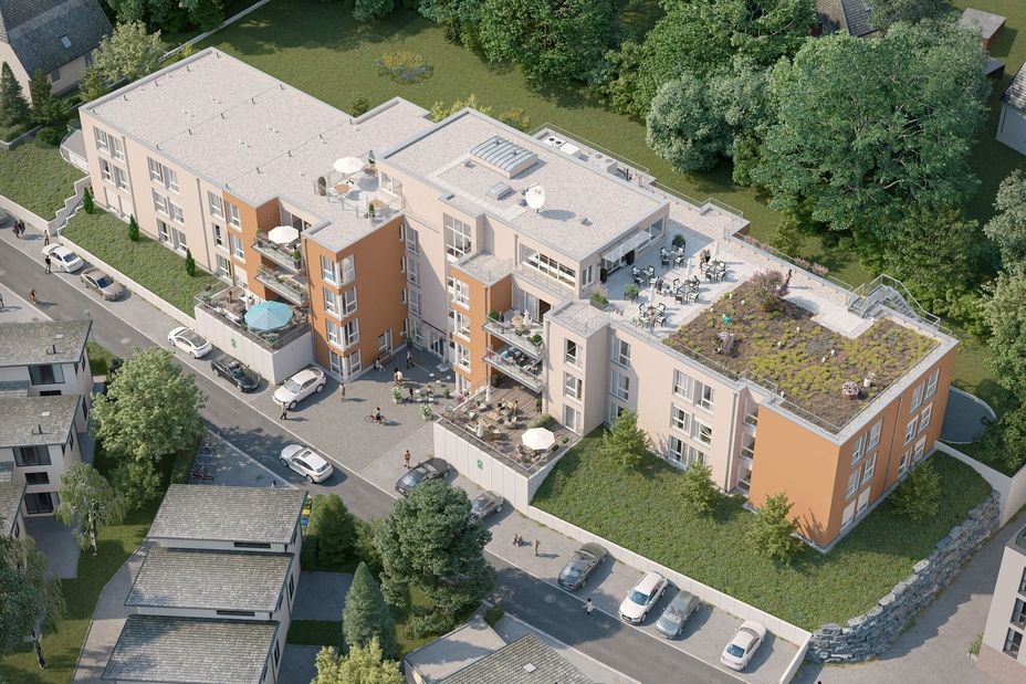 Visualisierung eines villenartigen Pflegeheims mit Dachterrassen, begrüntem Dach und umliegender Gartenanlage