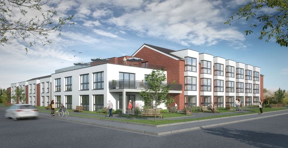 Visualisierung eines Neubaus mit Pflegeappartements in der Grafschaft Bentheim mit moderner Fassade und Außenbereich