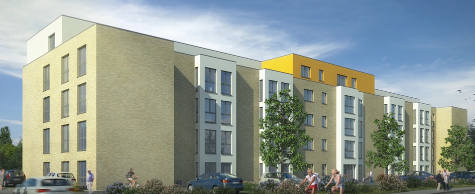 Visualisierung eines Neubau-Pflegeheims im Raum Osnabrück mit mehreren Etagen und moderner Außenfassade