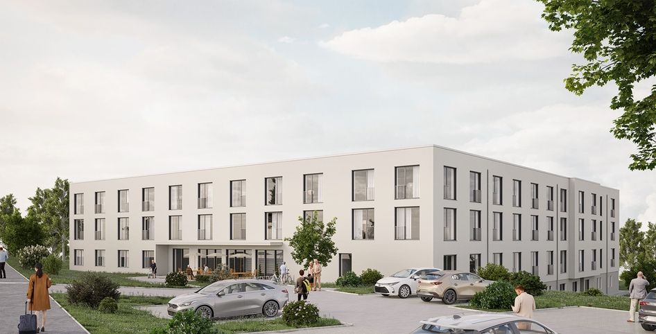 Visualisierung eines klimafreundlichen Neubaus für Pflegewohnungen mit moderner Fassade und Außenanlage