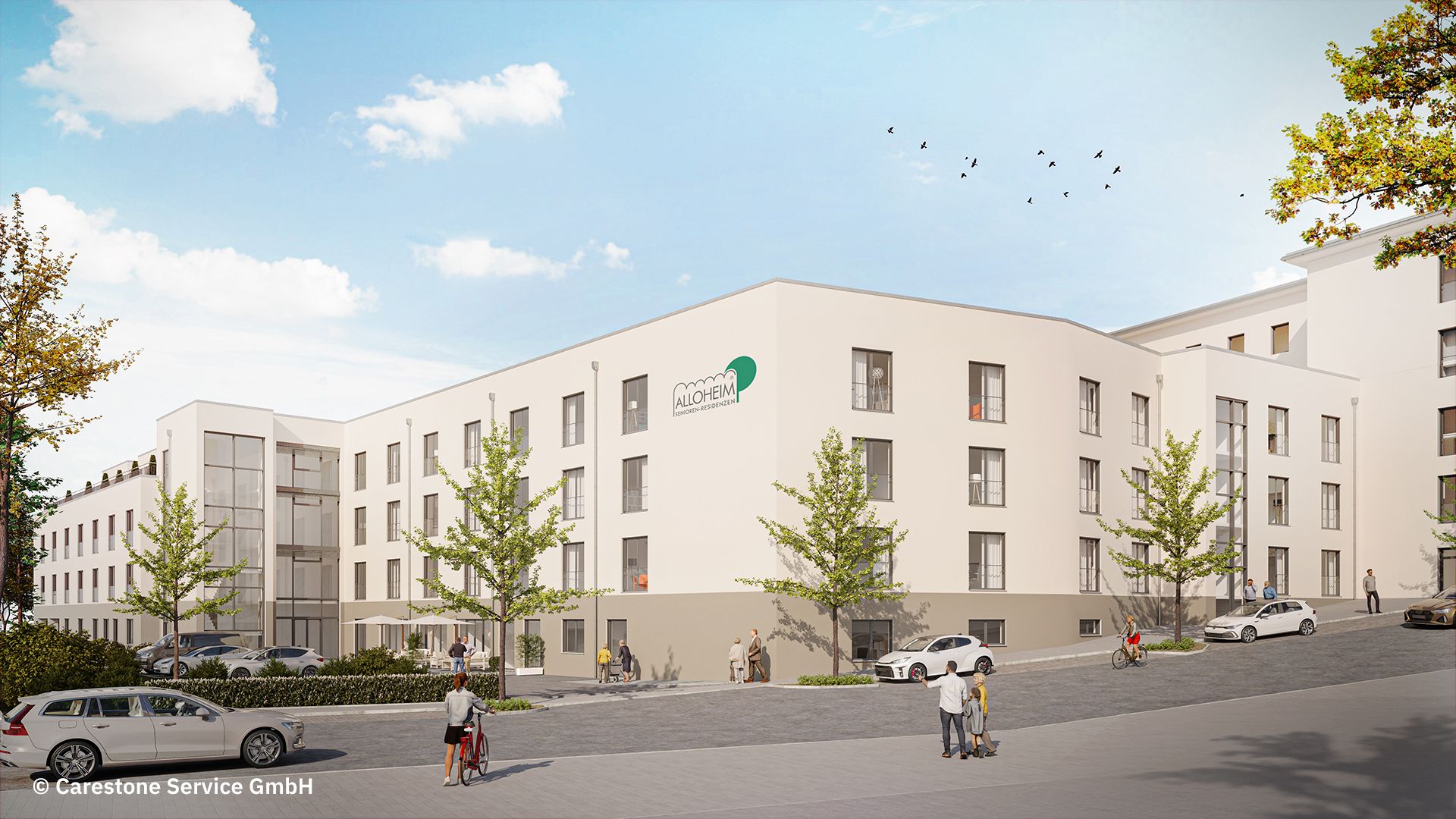 Visualisierung eines modernen Neubaus einer Pflegeeinrichtung in Münster mit hellen Fassaden und Straßenszene