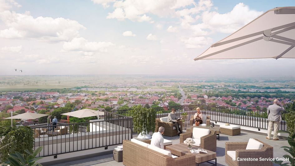 Visualisierung einer Dachterrasse eines Neubau-Pflegeparks mit Sitzbereich und weitem Ausblick