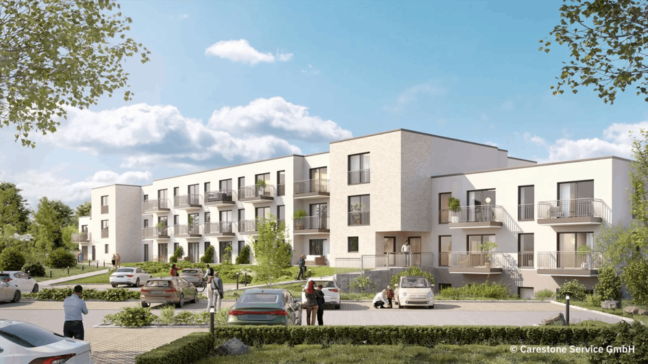 Visualisierung eines modernen Seniorenwohnens mit Tagespflege und Außenanlagen bei Tageslicht in der Region Hannover