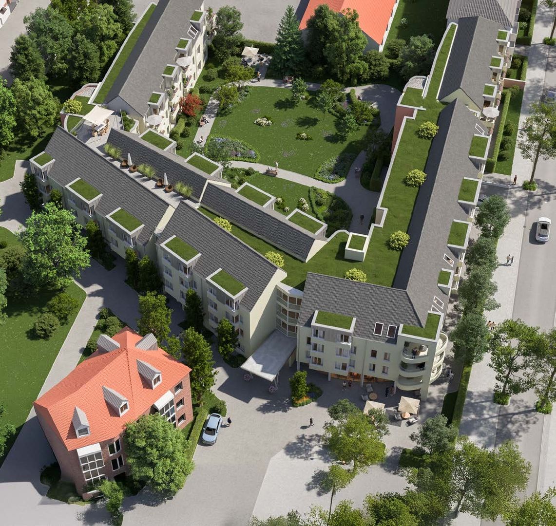 Visualisierung einer Pflegeeinrichtung in Münster Innenstadt mit begrüntem Innenhof und umliegender Wohnanlage
