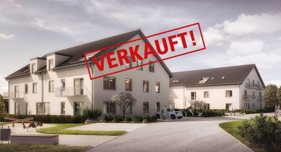Visualisierung mehrerer Wohnhäuser für betreutes Wohnen mit heller Fassade und Außenanlage