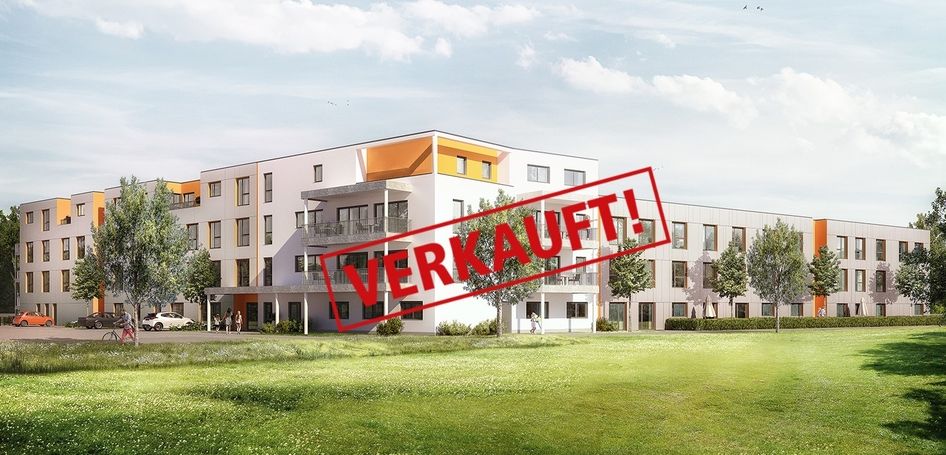 Visualisierung eines klimafreundlichen Pflegeappartement-Neubaus mit Grünfläche und moderner Fassade